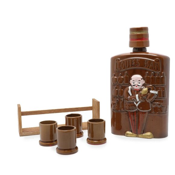 Vintage Fairyland Import Ceramic Flask & Glasses Japan Mid Century Louie's Bar - Picture 1 of 11